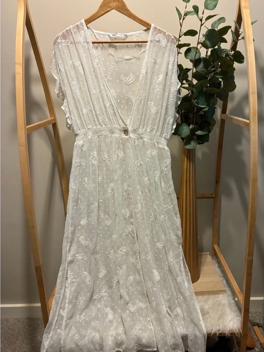Zara Ivory Sheer Embroidered V-Neck Maxi Dress a260